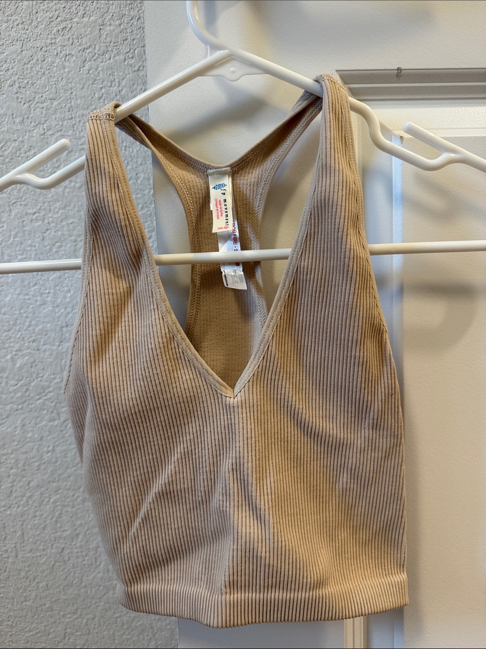 FP Movement by Free People Ribbed V-Neck Racerback Crop Top - Beige/Tan
